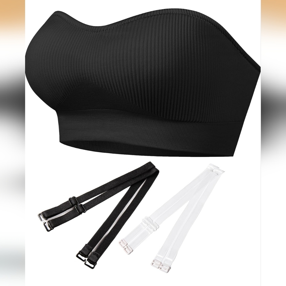PRETTYWELL Strapless Bra, Ribbed Seamless Non-Slip Comfort Padded Wireless.
